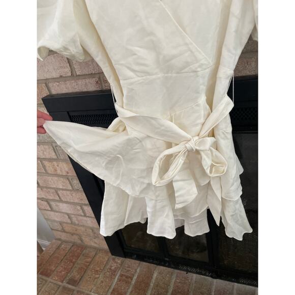 Ever New Linen Dress Size 4 White Puff Sleeve Tiered Wrap Mini Tie Waist - Picture 7 of 11